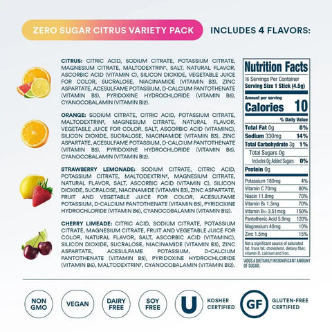 DripDrop Zero Sugar Citrus Variety Pack Electrolyte Powder, 8 oz sticks, 16 count