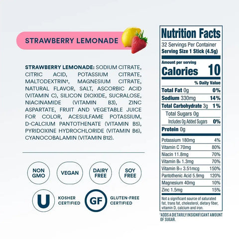 DripDrop Zero Sugar Strawberry Lemonade Electrolyte Powder, 8 oz sticks, 32 count