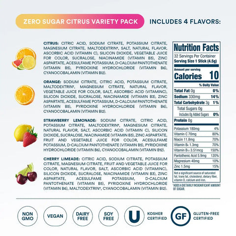 DripDrop Zero Sugar Citrus Variety Pack Electrolyte Powder, 8 oz sticks, 32 count