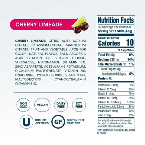 DripDrop Zero Sugar Cherry Limeade Electrolyte Powder, 8 oz sticks, 32 count