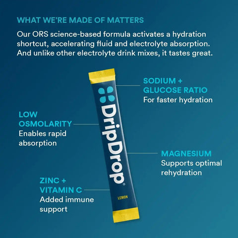 DripDrop Lemon Electrolyte Powder, 8 oz sticks, 32 count