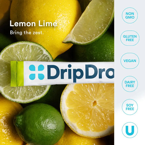 DripDrop Zero Sugar Lemon Lime Electrolyte Powder, 8 oz sticks, 32 count
