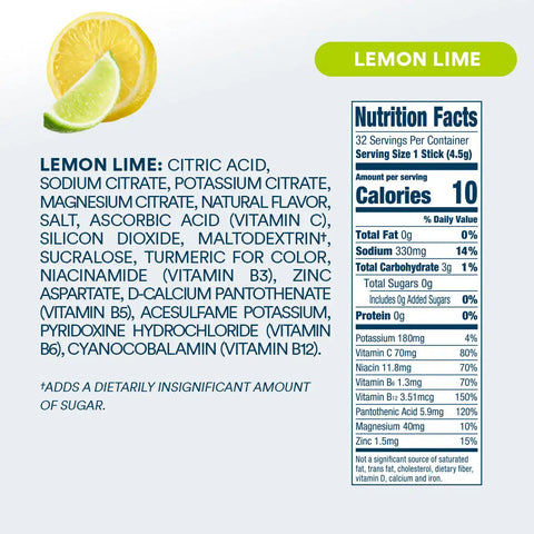 DripDrop Zero Sugar Lemon Lime Electrolyte Powder, 8 oz sticks, 32 count