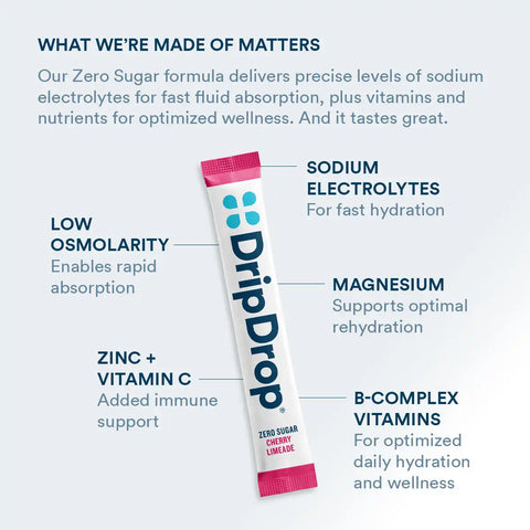 DripDrop Zero Sugar Cherry Limeade Electrolyte Powder, 8 oz sticks, 32 count