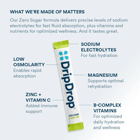 DripDrop Zero Sugar Lemon Lime Electrolyte Powder, 8 oz sticks, 32 count