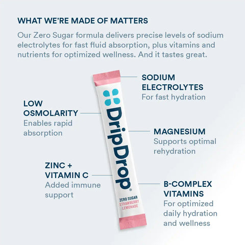 DripDrop Zero Sugar Strawberry Lemonade Electrolyte Powder, 8 oz sticks, 32 count
