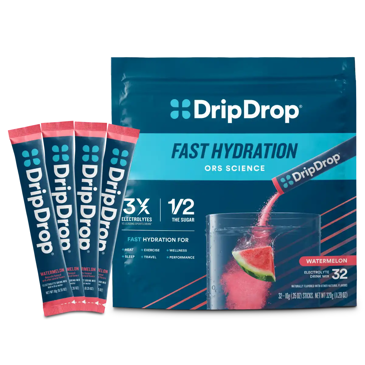 DripDrop Watermelon Electrolyte Powder, 8 oz sticks, 32 count