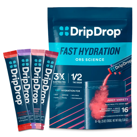 DripDrop Juicy Variety Pack Electrolyte Powder, 8 oz sticks, 16 count