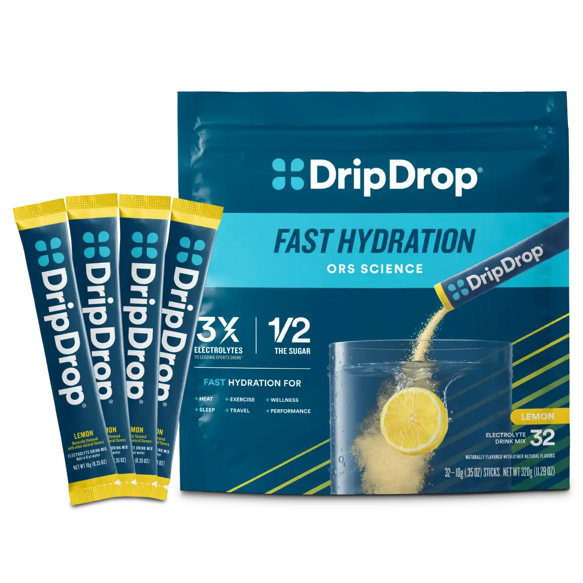 DripDrop Lemon Electrolyte Powder, 8 oz sticks, 32 count