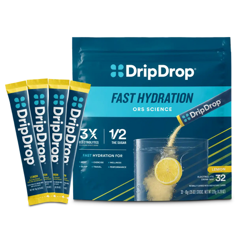 DripDrop Lemon Electrolyte Powder, 8 oz sticks, 32 count