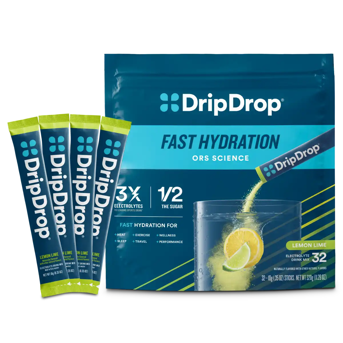 DripDrop Lemon Lime Electrolyte Powder, 8 oz sticks, 32 count