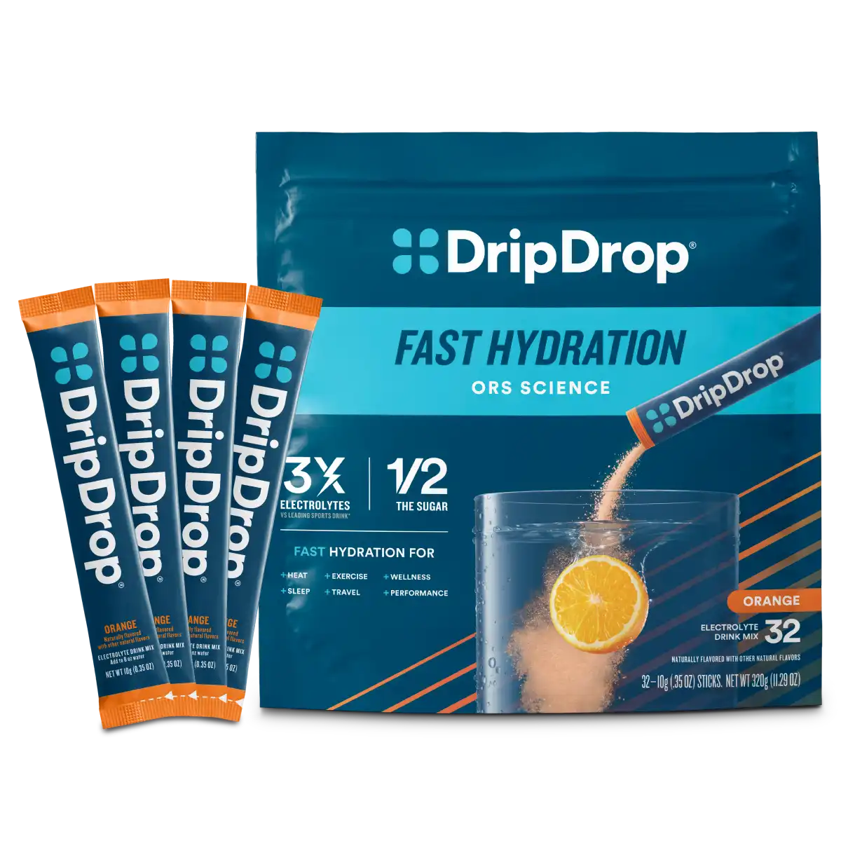 DripDrop Orange Electrolyte Powder, 8 oz sticks, 32 count