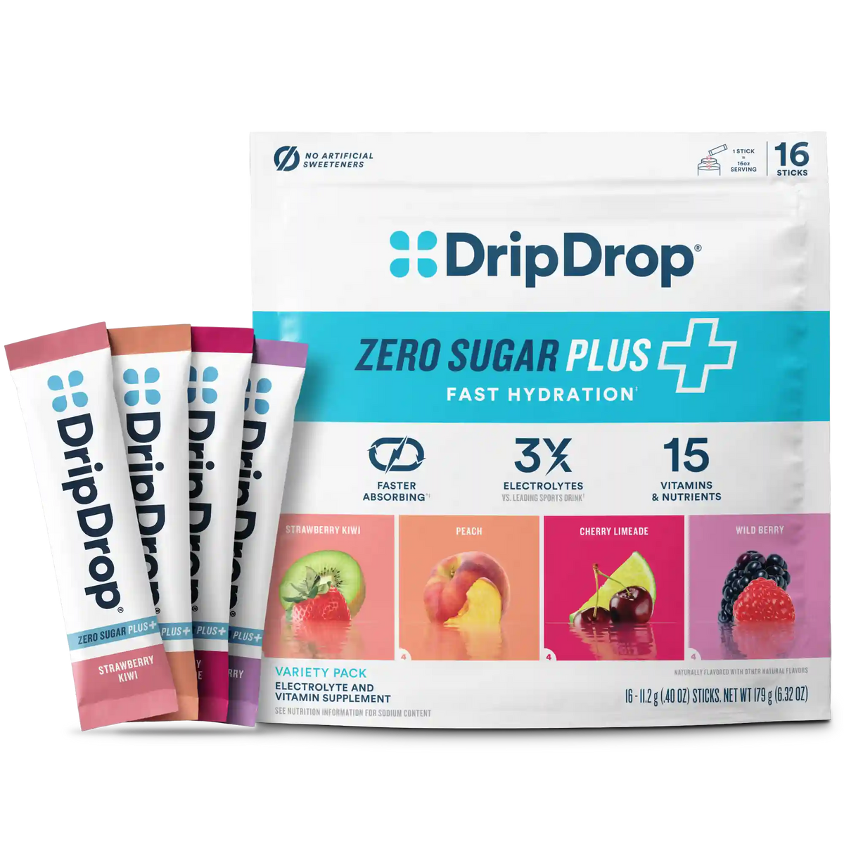 DripDrop Zero Sugar Plus, Strawberry Kiwi, Peach, Cherry Limeade, Wild Berry, 16 oz sticks, 16 count
