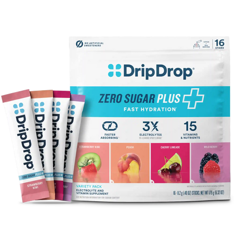 DripDrop Zero Sugar Plus, Strawberry Kiwi, Peach, Cherry Limeade, Wild Berry, 16 oz sticks, 16 count