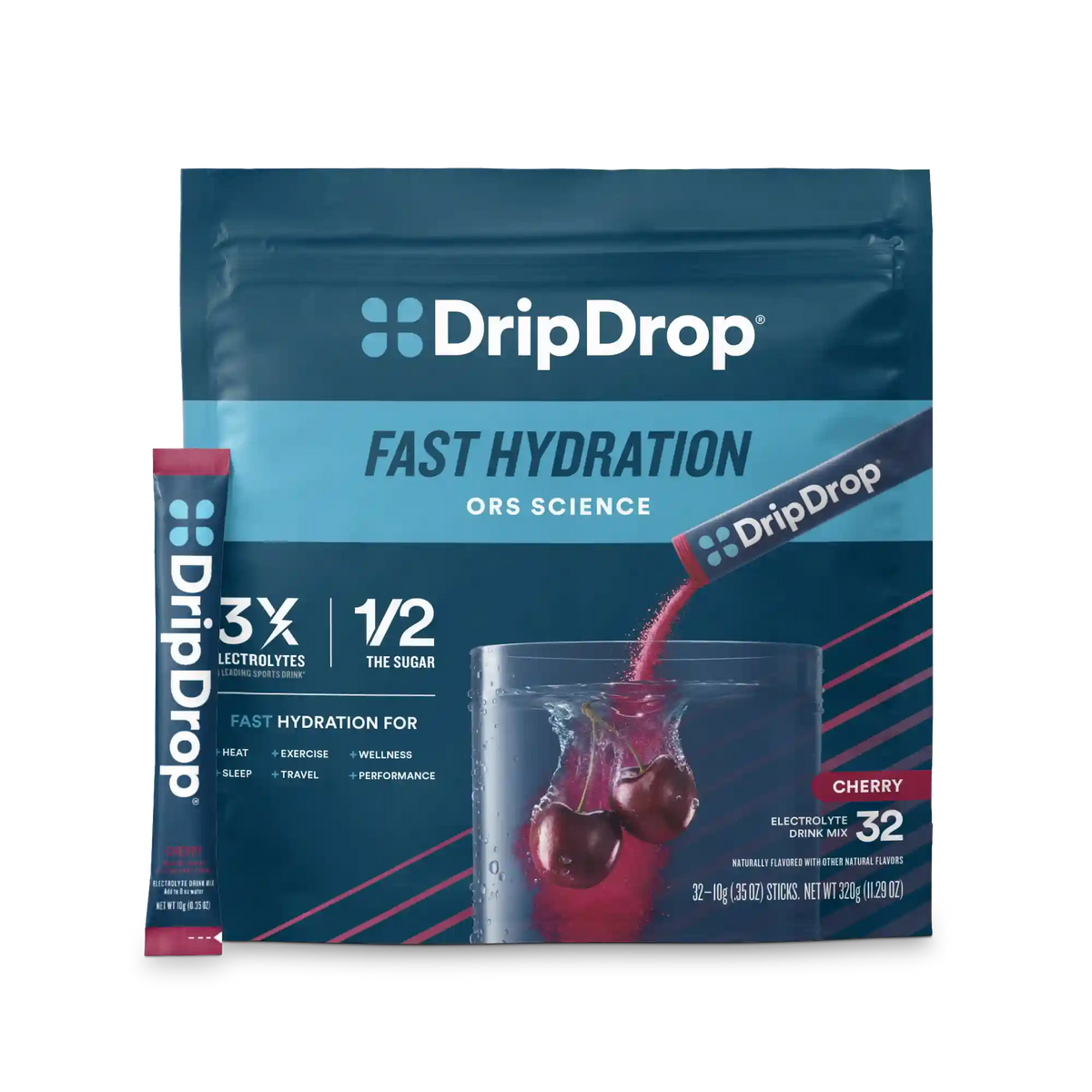 DripDrop Cherry Electrolyte Powder, 8 oz sticks, 32 count