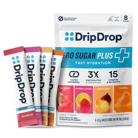 DripDrop Zero Sugar Plus, Watermelon, Tangerine, Tropical Punch, Raspberry Lemonade, 16 oz sticks, 8 count