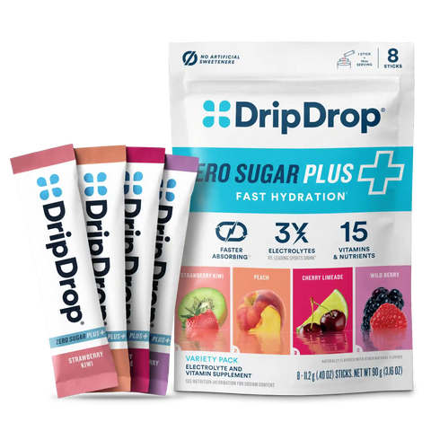DripDrop Zero Sugar Plus, Strawberry Kiwi, Peach, Cherry Limeade, Wild Berry, 16 oz sticks, 8 count