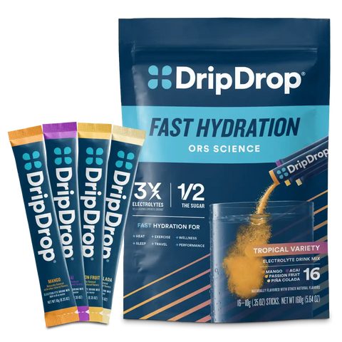 DripDrop Tropical Variety Pack Electrolyte Powder, 8 oz sticks, 16 count