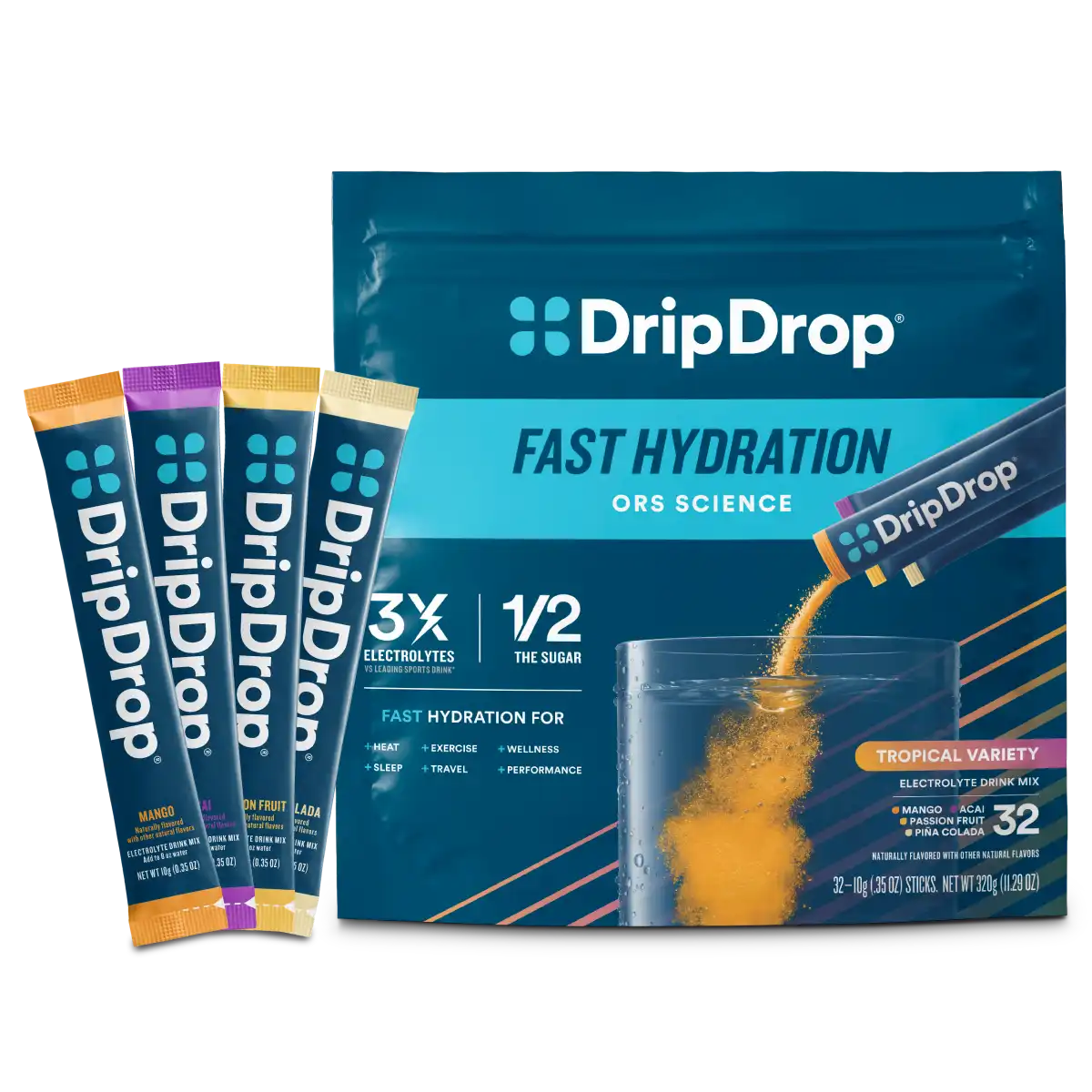 DripDrop Tropical Variety Pack Electrolyte Powder, 8 oz sticks, 32 count