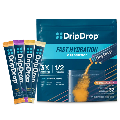 DripDrop Tropical Variety Pack Electrolyte Powder, 8 oz sticks, 32 count