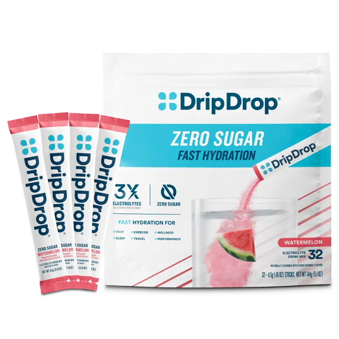 DripDrop Zero Sugar Watermelon Electrolyte Powder, 8 oz sticks, 32 count