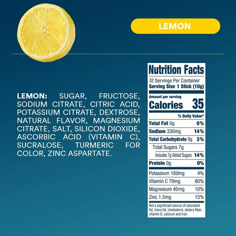 DripDrop Lemon Electrolyte Powder, 8 oz sticks, 32 count