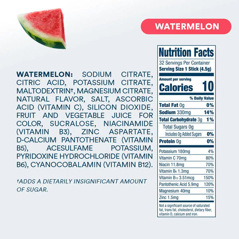 DripDrop Zero Sugar Watermelon Electrolyte Powder, 8 oz sticks, 32 count