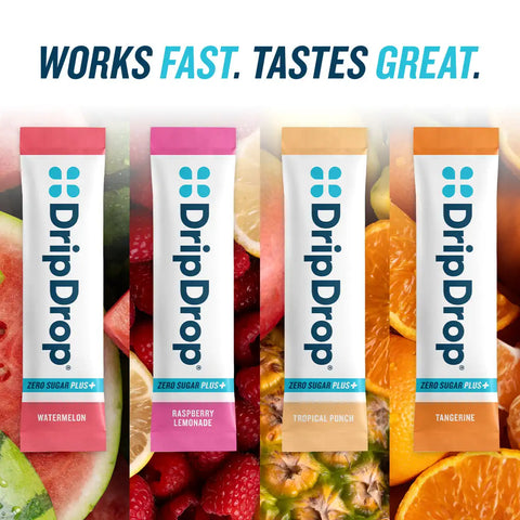 DripDrop Zero Sugar Plus, Watermelon, Tangerine, Tropical Punch, Raspberry Lemonade, 16 oz sticks, 16 count