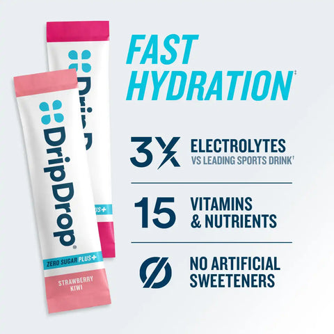 DripDrop Zero Sugar Plus, Strawberry Kiwi, Peach, Cherry Limeade, Wild Berry, 16 oz sticks, 16 count