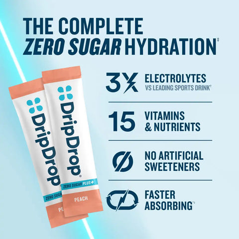 DripDrop Zero Sugar Plus, Peach, 16 oz sticks, 30 count