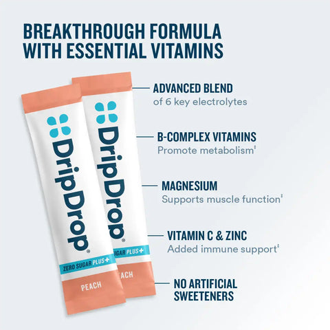 DripDrop Zero Sugar Plus, Peach, 16 oz sticks, 30 count